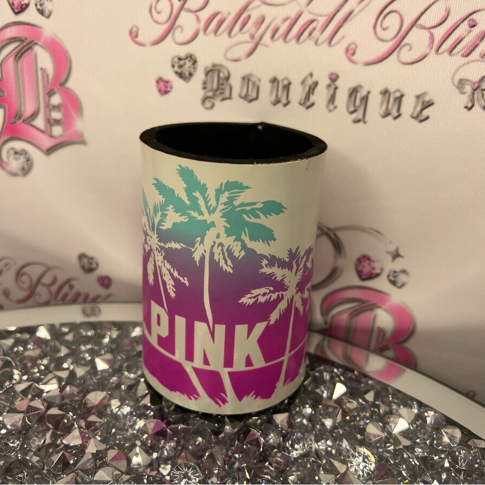 Victoria secret pink coozie drink holder palm trees ombré summer beach cooler - Picture 3 of 4